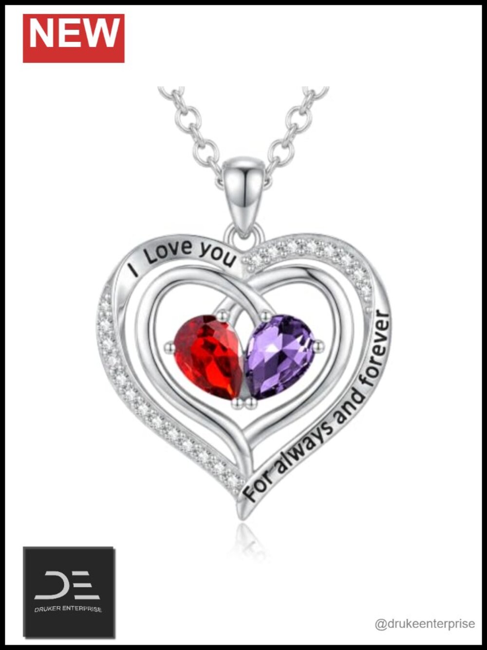 925 Sterling Silver Double Birthstone Heart Pendant Necklace